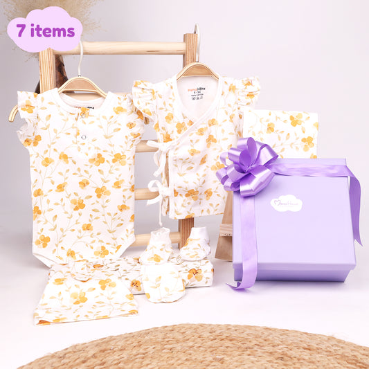 New Born Baby Gift Hamper | Baby Shower Gift Hamper | Baby Essential Clothes Set | Bloom | Pack of 7