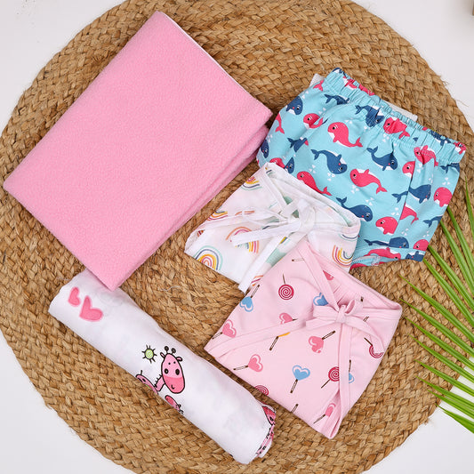 Baby Unisex Nappy Combo 1 Dry sheet, 1 Padded Underwear, 1 Muslin Nappy, 1 Cushioned Nappy, 1 Muslin Swaddle | 0- 12 Months | Multicolor