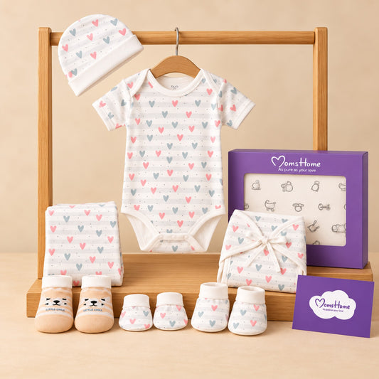 Organic Cotton Baby Essentials Gift Set | Baby Shower Gift Hamper | Baby Clothing Gift Combo | 0-6 Months | Little Heart | Pack of 7