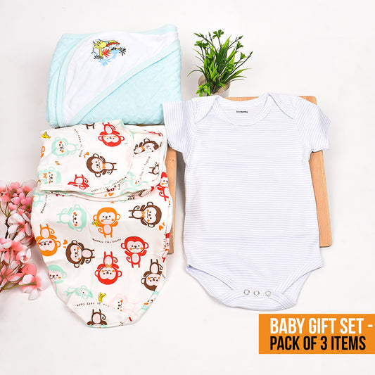 Moms Home New Born Organic Cotton Velcro Swaddle Wrap Gift Set of 3 Items - Blue