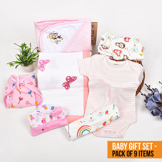 Moms Home New Born Organic Cotton Velcro Swaddle Wrap Gift Set of 9 Items - Pink