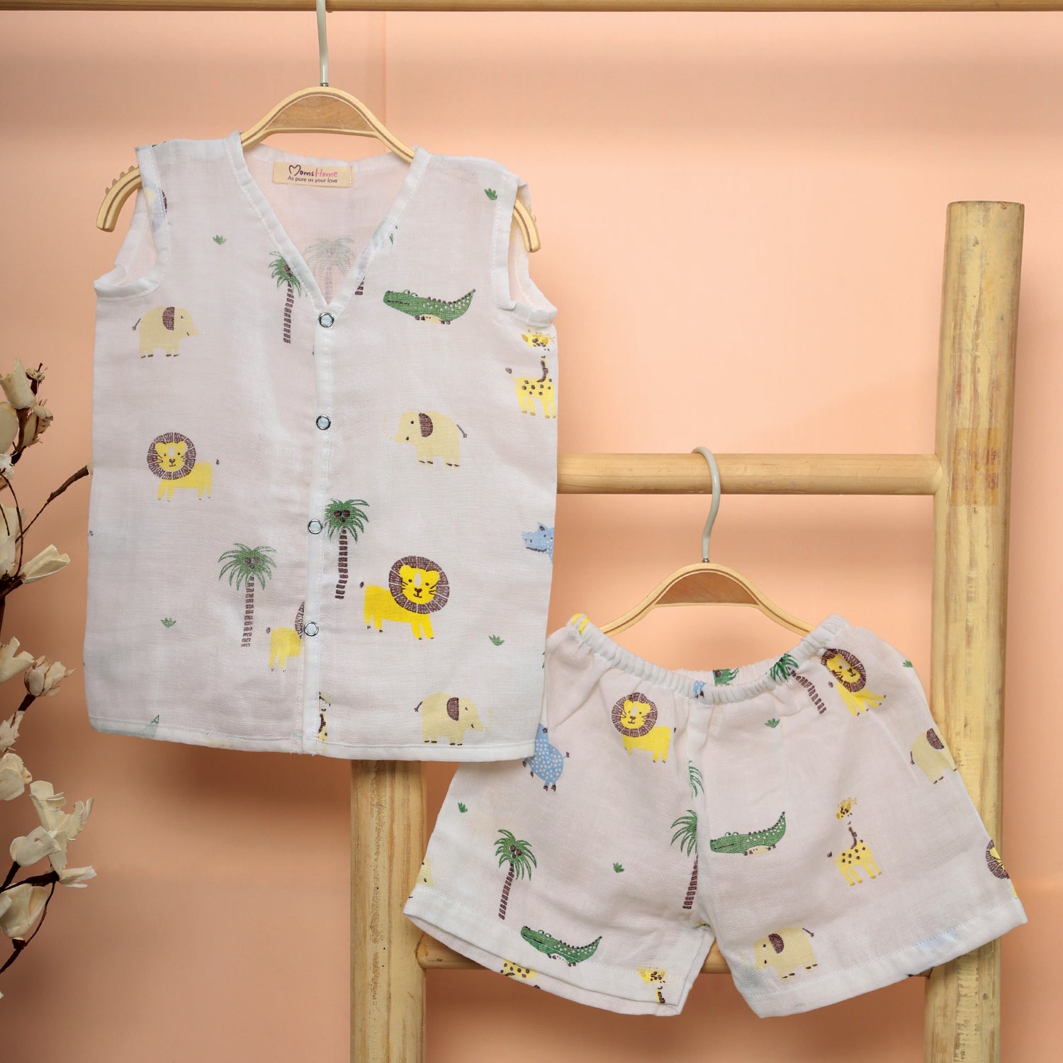 Organic Cotton Muslin Jhabla Short Set Summer Clothing Set 6-12 Months Lion