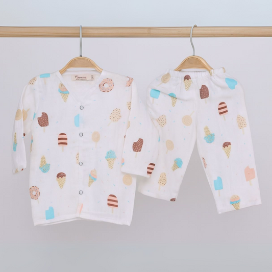 Organic Cotton Muslin Full Sleeves Jhabla & Pyjama For New Born | 0-12 Months | Icecream | Set of 1