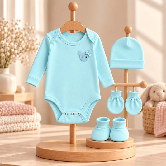 Organic Cotton Baby Full Sleeve Onesie with Cap, Mitten & Booties Set | Newborn Baby Clothing Set | Baby Shower Gift | 0-3 Months | Pack of 4