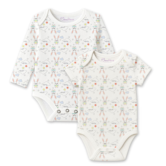 Organic Cotton Baby Full & Half Sleeve Onesie | Unisex Baby Romper Dress | Bunny | Pack of 2