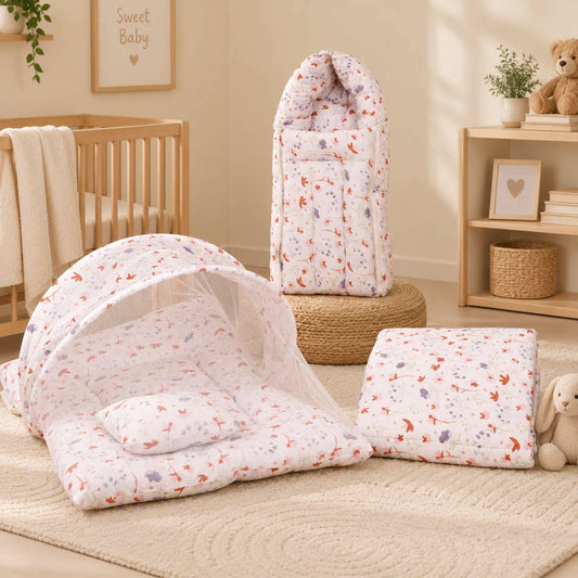 Baby Bedding Set | Mosquito Net, AC Quilt & Sleeping Bag | Blossom | Pack of 3