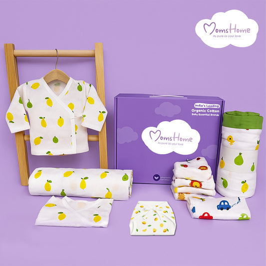 New Born Baby Muslin Gift Hamper | Baby Shower Gift Set | Baby Essential Clothes Set | Lemon | Pack of 10
