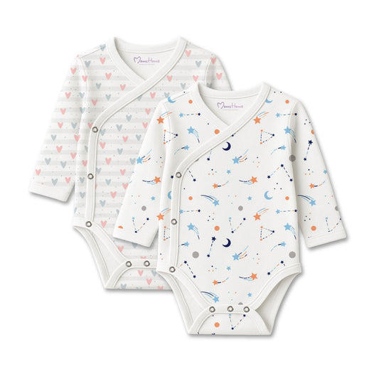 Organic Cotton Front Open Kimono Onesie For New Born Baby | Galaxy & Little Hearts  | Pack of 2