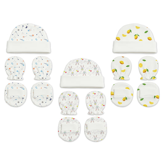 New Born Baby Cap Mitten Bootie Set | Pack of 3 | Mixed Design