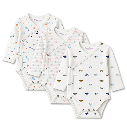 Organic Cotton Front Open Kimono Onesie For New Born Baby | Car, Galaxy & Little Hearts  | Pack of 3