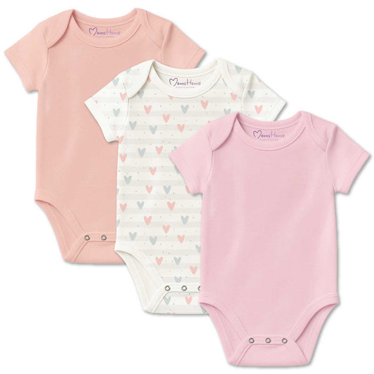 New Born Baby Organic Cotton Half Sleeves Onesie | New Born Baby Clothes | Baby Half Sleeve Cotton Sleepsuits | Peach, Heart, Pink | Pack of 3