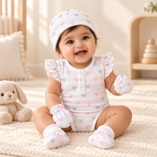 Organic Cotton Newborn Baby Clothing Set | Baby Shower Gift Hamper | Frill Onesie & Cap, Mittens, Botties Set | 0-6 Months | Pack of 4