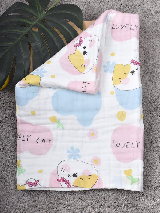 Moms Home Baby Super Soft Absorbent Muslin 6 Layer Towel | 60x120 cm | Lovely Cat