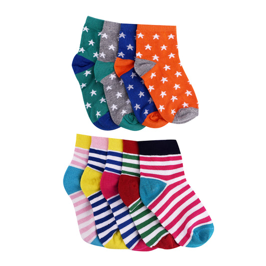 FOOTPRINTS Organic cotton Baby Socks - 3-5 years - Pack of 9 Pairs - Designer Star and Colourful Stripes