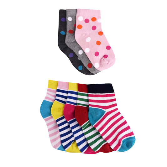 FOOTPRINTS Organic cotton Baby Socks - 3-5 years - Pack of 8 Pairs - Bigdot and Colourful Stripe