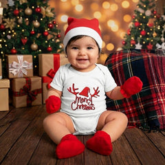 Organic Cotton Baby Christmas Dress | Christmas Clothing Set For Baby | Baby Onesie & Cap, Mittens , Botties Set | 0-3 Months | Pack of 4