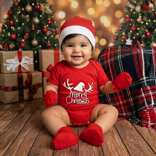 Organic Cotton Baby Christmas Dress | Christmas Clothing Set For Baby | Baby Onesie & Cap, Mittens , Botties Set | 0-3 Months | Pack of 4