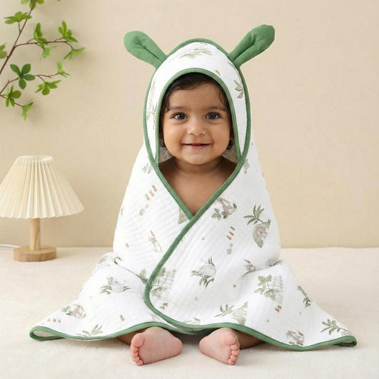 Organic Cotton Baby Hooded Bath Towel With Band | Super Soft & Quick Dry Newborn Towel | 0-18 Months