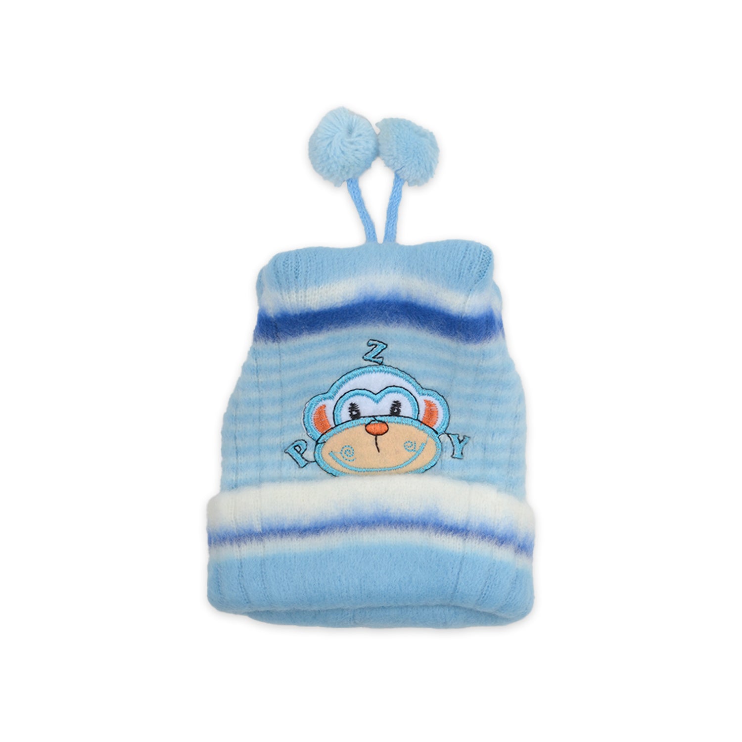 Baby Unisex Woolen Caps | Cream & Sky Blue | Monkey | Pack Of 2