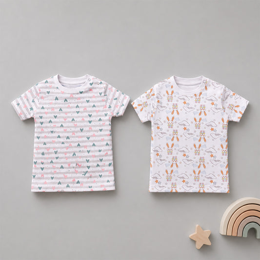 Organic Cotton Half Sleeve T-Shirt for Kids | Printed Round Neck Summer Wear T-Shirt for Baby Boys & Girls Combo | Little Heart & Bunny | Pack of 2
