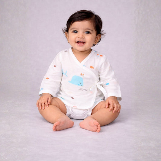 Organic Cotton Muslin Front Open Kimono Jhabla for Premature Babies | Preemie Baby Clothing Set | Lemon & Blue Whale | Pack of 2