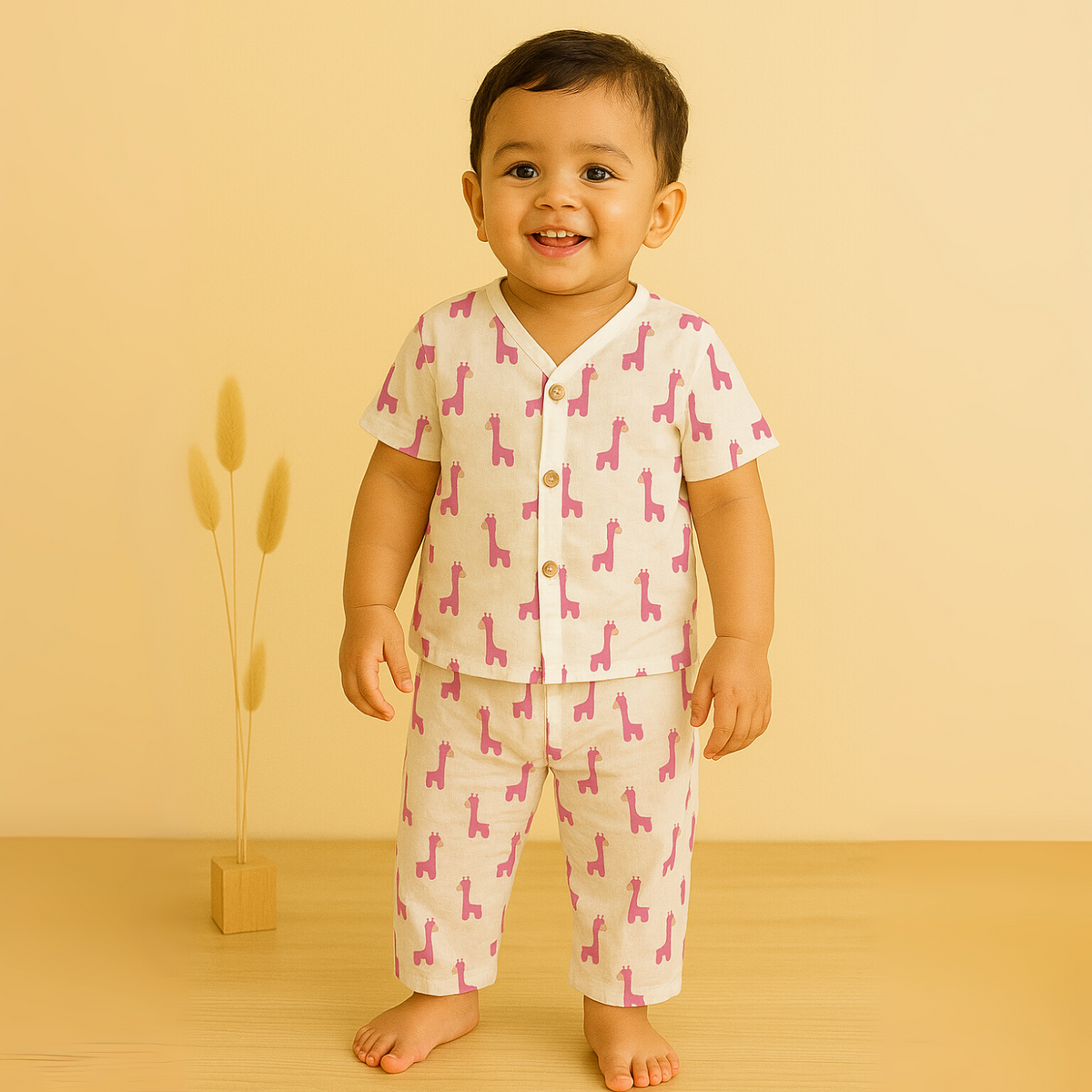Organic Cotton Muslin Jhabla and Pant Set | Muslin Clothing For Newborn Babies | Half Sleeve Baby Jabla and  Baby Pajama Co-Ord Set | Giraffe | Set of 1