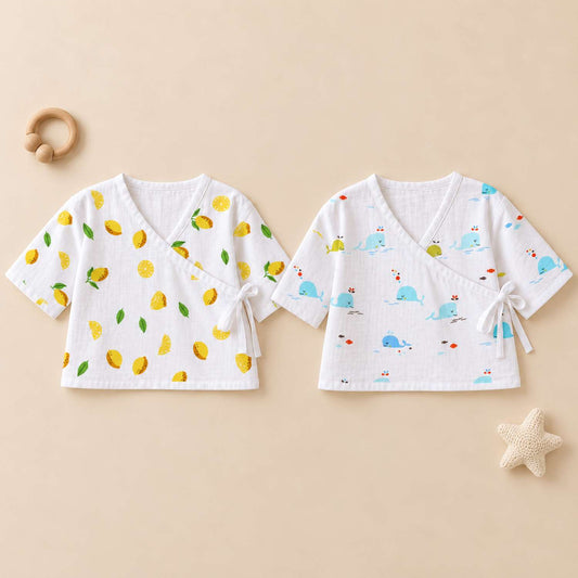 Organic Cotton Muslin Front Open Kimono Jhabla for Premature Babies | Preemie Baby Clothing Set | Lemon & Blue Whale | Pack of 2