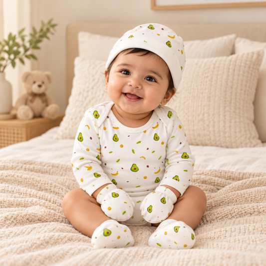 Organic Cotton Newborn Baby Clothing Set | Baby Shower Gift Hamper | Full Sleeve Onesie & Cap, Mittens, Botties Set | 0-6 Months | Pack of 4