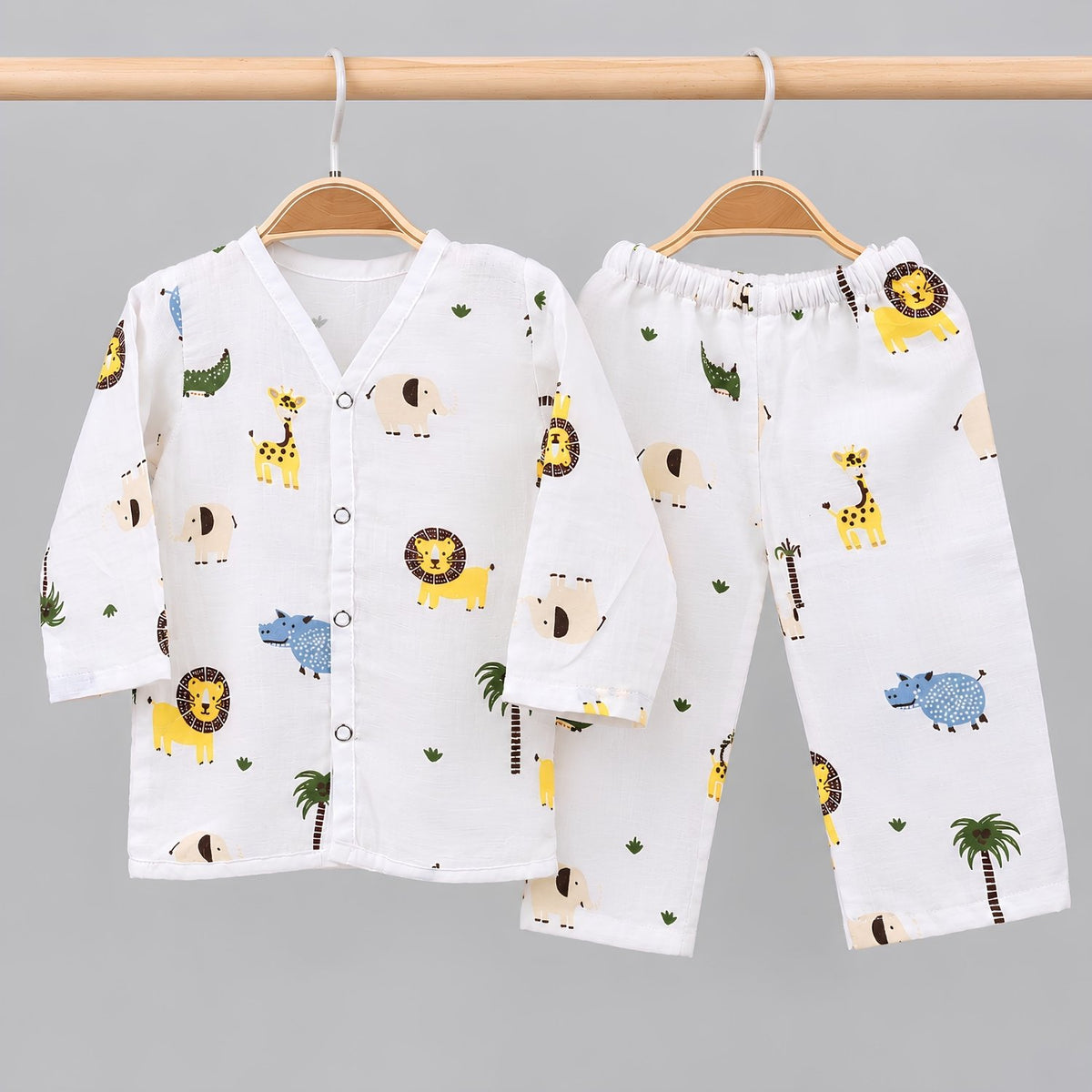 Baby Unisex Organic Cotton Muslin Full Sleeves Jhabla & Payjama | Lion | Set of 1