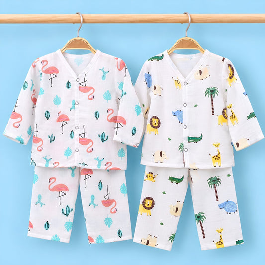 Baby Unisex Organic Cotton Muslin Full Sleeves Jhabla & Payjama | Lion, Flamingo | Set of 2
