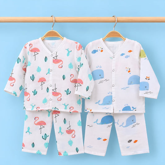Baby Unisex Organic Cotton Muslin Full Sleeves Jhabla & Payjama | Blue Whale, Flamingo | Set of 2