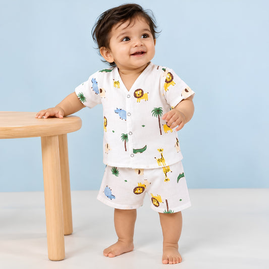 Kids Organic Cotton Muslin Co-Ord Set | Shirt & Shorts | Lion