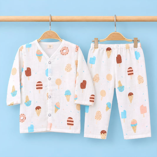Organic Cotton Muslin Full Sleeves Jhabla & Pyjama For New Born | 0-12 Months | Icecream | Set of 1