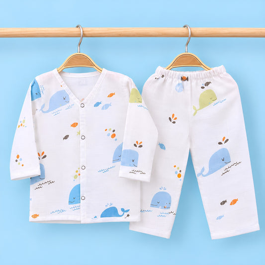 Baby Unisex Organic Cotton Muslin Full Sleeves Jhabla & Payjama | Blue Whale | Set of 1