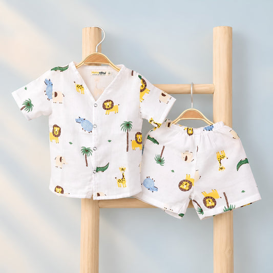 Kids Organic Cotton Muslin Co-Ord Set | Shirt & Shorts | Lion