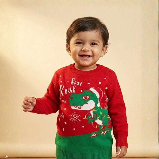 Organic Cotton Unisex Baby Winter Sweaters Dinosaur Red