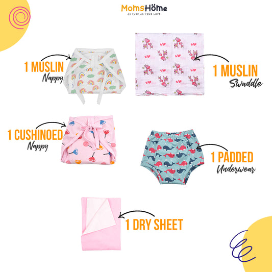 Baby Unisex Nappy Combo 1 Dry sheet, 1 Padded Underwear, 1 Muslin Nappy, 1 Cushioned Nappy, 1 Muslin Swaddle | 0- 12 Months | Multicolor