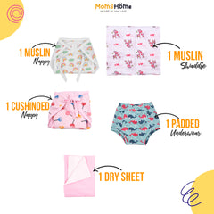 Baby Unisex Nappy Combo 1 Dry sheet, 1 Padded Underwear, 1 Muslin Nappy, 1 Cushioned Nappy, 1 Muslin Swaddle | 0- 12 Months | Multicolor