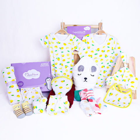 Organic Cotton New Born Baby Hospital Bag Kit | 0-6 Months | 19 Items | Lemon