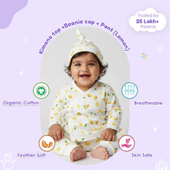 Organic Cotton Newborn Baby Clothing Set | Baby Shower Gift Hamper | Kimono Top, Pyjama & Cap Set | 0-6 Months | Pack of 3