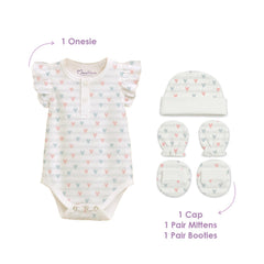 Organic Cotton Newborn Baby Clothing Set | Baby Shower Gift Hamper | Frill Onesie & Cap, Mittens, Botties Set | 0-6 Months | Pack of 4