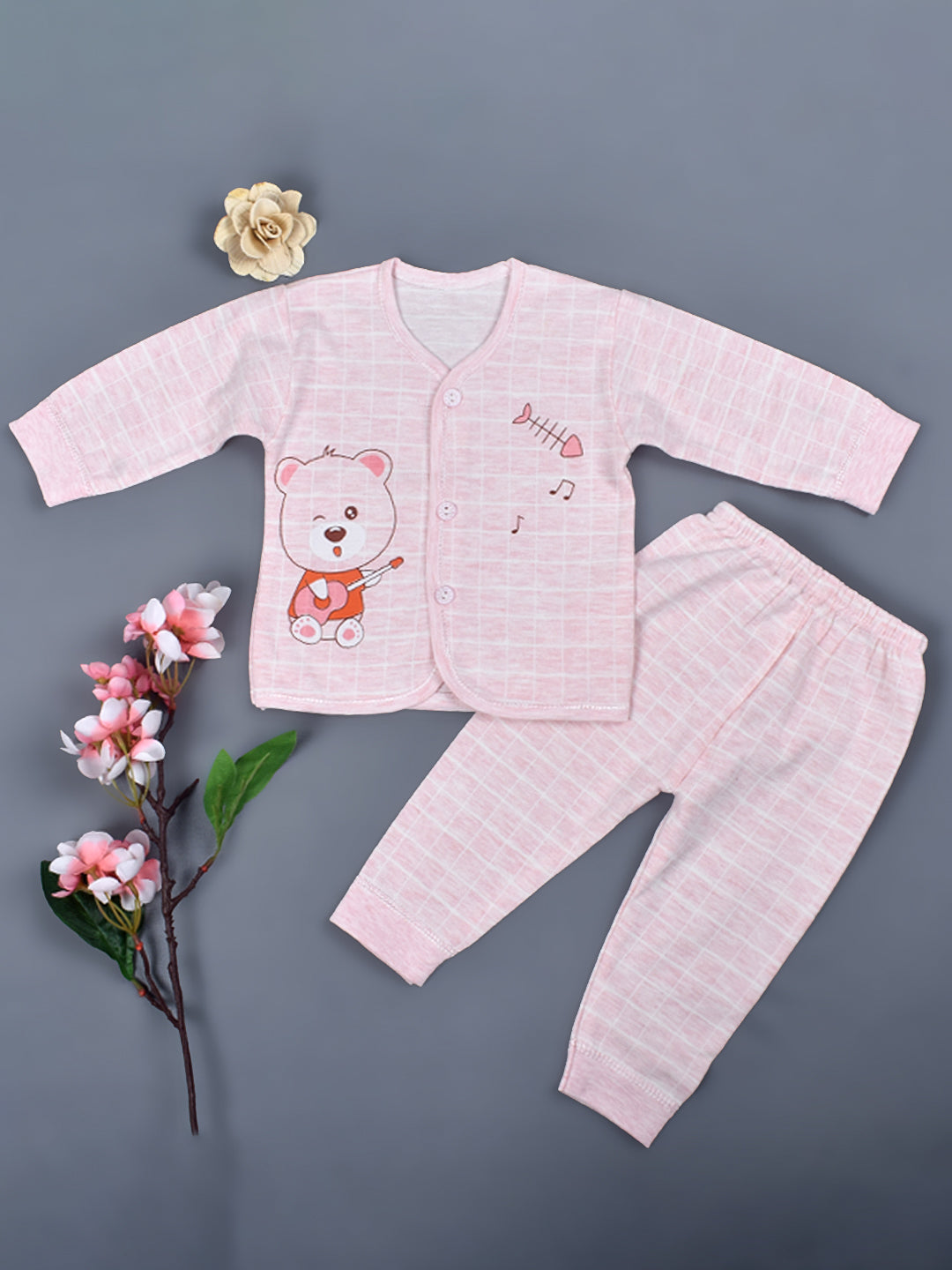 Baby's Warm Unisex Cotton Suit Set - 1Pajama and 1Shirt- Pink Check