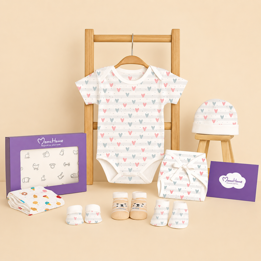 Organic Cotton Baby Essentials Gift Set | Baby Shower Gift Hamper | Baby Clothing Gift Combo | 0-6 Months | Little Heart | Pack of 7