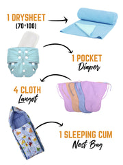 Moms Home Baby Unisex Organic Cotton Sleeping Bed Nappy Combo Blue Pack of 7 - Multicolour