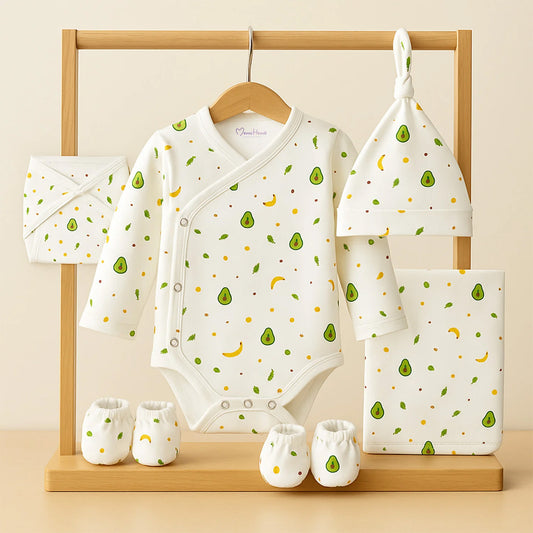 Organic Cotton Baby Clothing Set |  Baby Essential Clothes For Boys & Girls | Baby Shower Gift Hamper | 0-6 Months | Avocado | Pack of 6