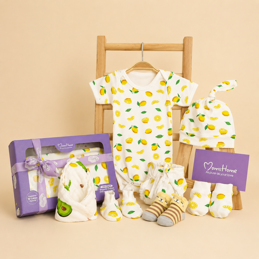 Organic Cotton Baby Essentials Gift Set | Baby Shower Gift Hamper | Baby Clothing Gift Combo | Lemon | Pack of 7