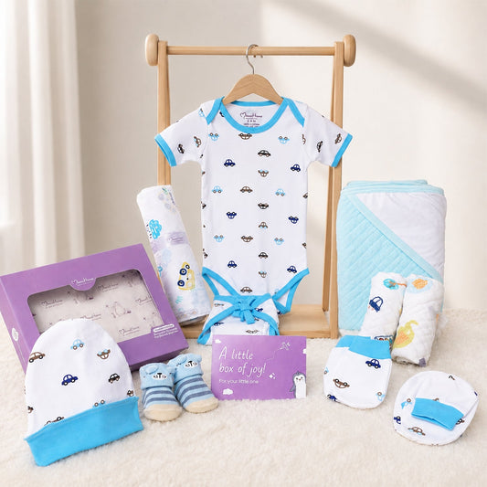 Organic Cotton Baby Essentials Gift Set | Baby Shower Gift Hamper | Baby Clothing Gift Combo | Car | Pack of 10