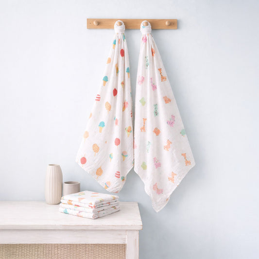 Baby Muslin Swaddle | 100x100 CM | Pack of 2 | Icecream, Animal