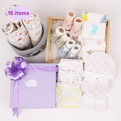 New Born Baby Gift Hamper Baby Shower Gift Hamper Baby Essential Gift Set 0-6 Months Pack of 15