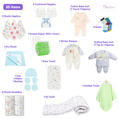 Winter Hospital Kit For Newborn Baby | New Born Baby Essentials Gift Combo | 25 Items | Mixed Design